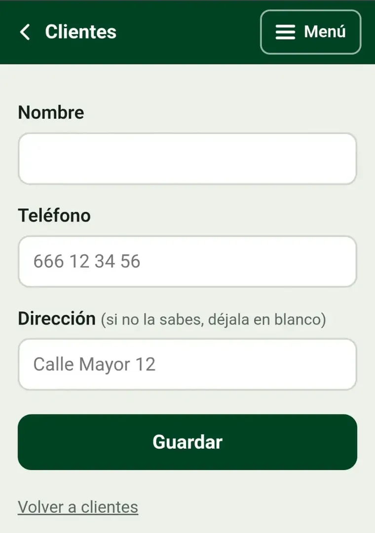 Pantalla para dar de alta un cliente: nombre, teléfono y dirección