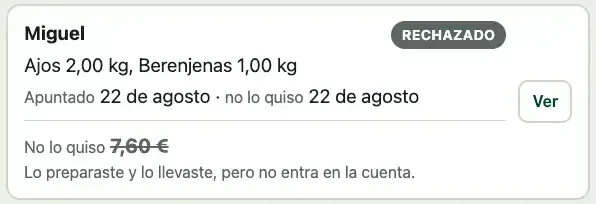 Un pedido rechazado, con el importe tachado
