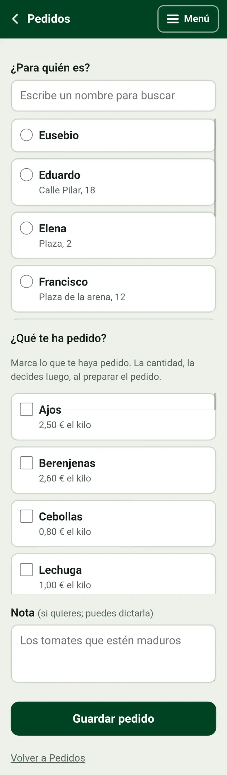 Pantalla de nuevo pedido: se elige el cliente y se marcan los productos que pide