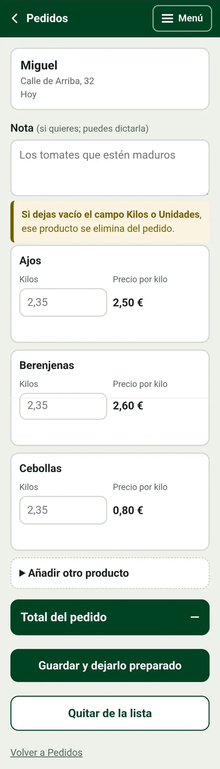 Pantalla para preparar el pedido: kilos y unidades de cada producto, con el total