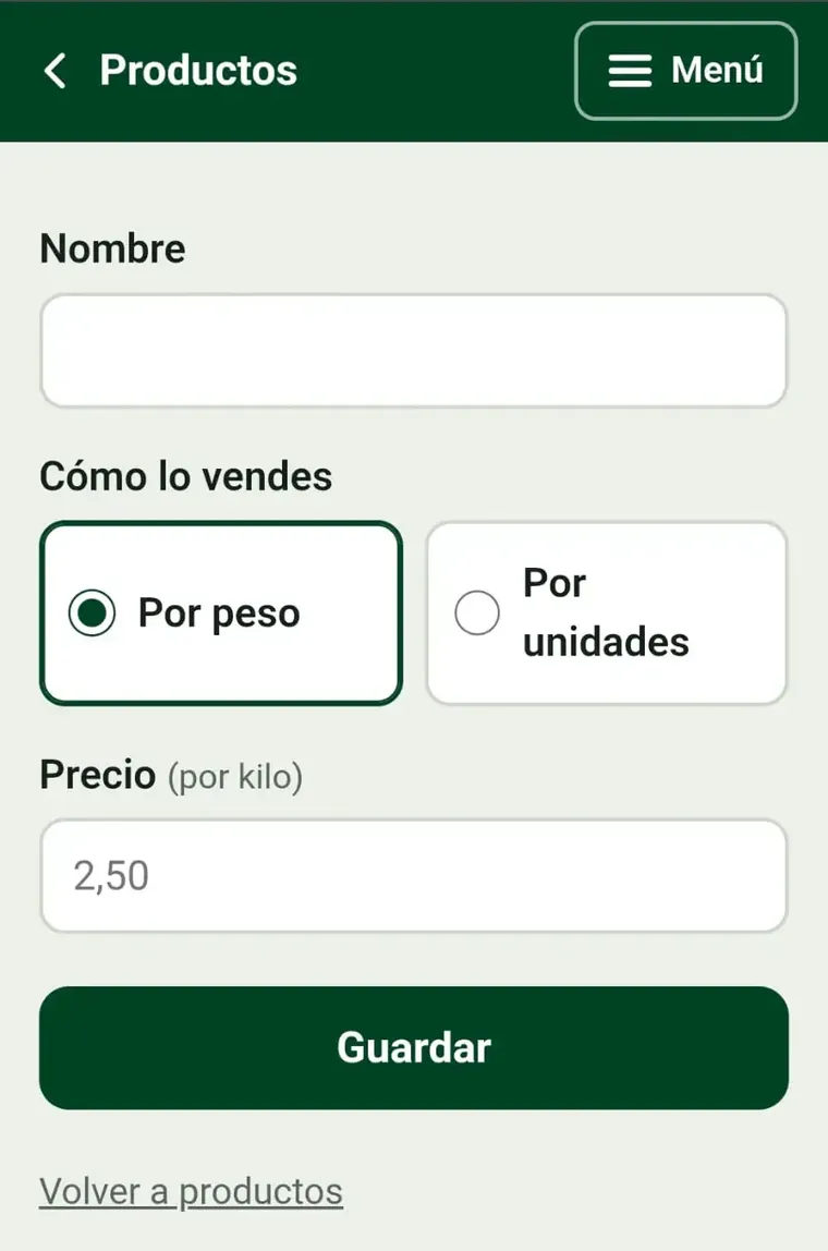Pantalla para dar de alta un producto: nombre, por peso o por unidades, y precio